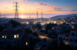 Συμβολική απεικόνιση υποσταθμού ηλεκτρισμού και σκοτεινών κατοικιών την αυγή