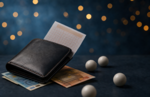 Γενικό δελτίο λοταρίας μέσα σε πορτοφόλι δίπλα σε μπάλες κλήρωσης
