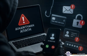 Εικονογράφηση διαδικτυακής απάτης με ηλεκτρονικό υπολογιστή και τραπεζικά στοιχεία