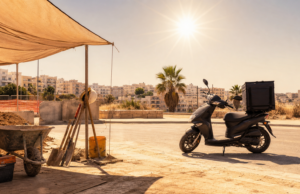 Σταθμευμένο δίκυκλο διανομής και εργαλεία οικοδομής κάτω από τον δυνατό μεσημεριανό ήλιο