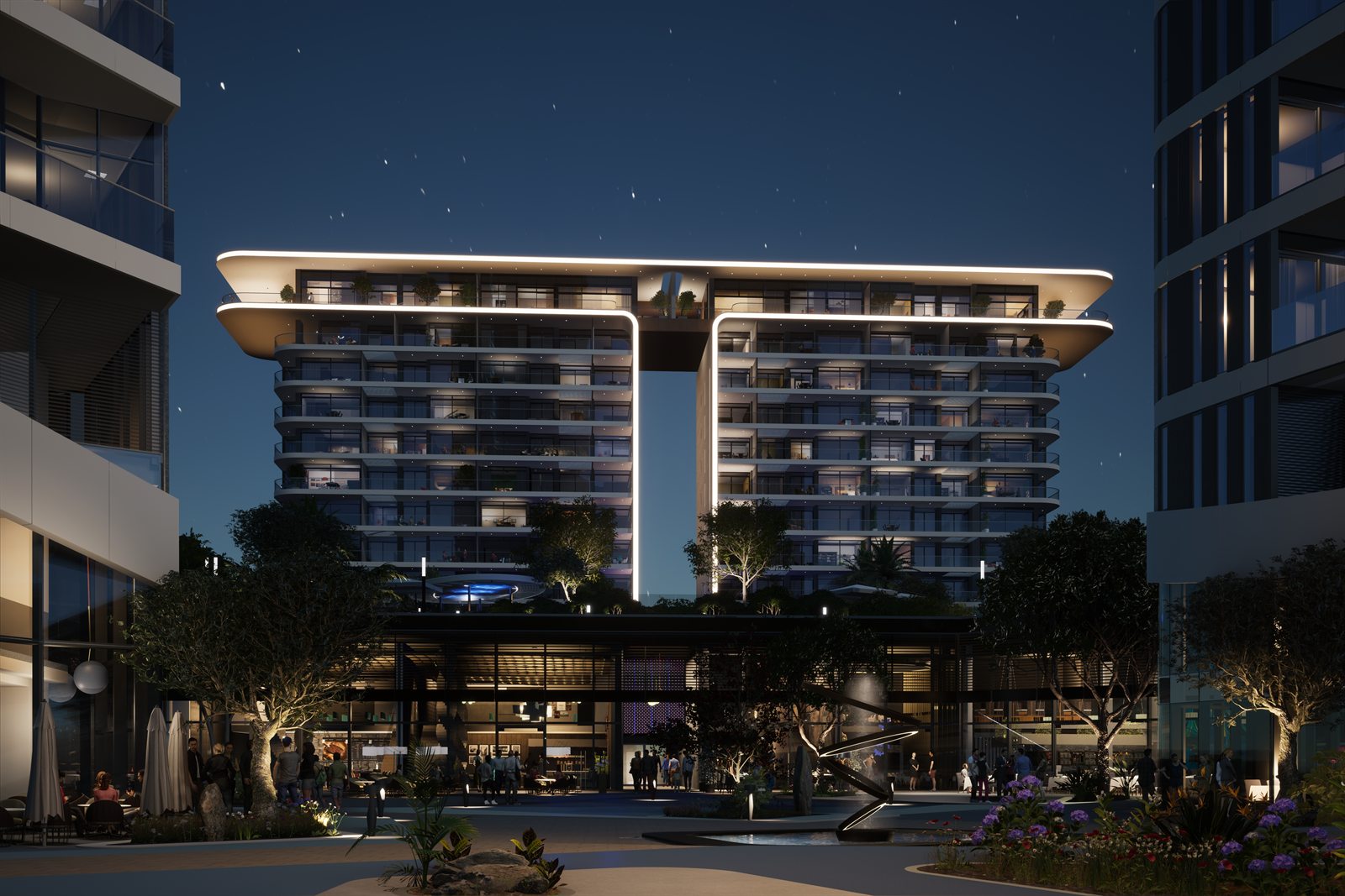 Νυχτερινή απεικόνιση των North Residences στο Trilogy Limassol Seafront
