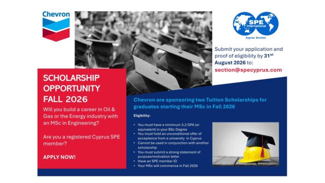 chevron-spe-scholarships-2026 Αφίσα για τις δύο πλήρεις υποτροφίες νέων μηχανικών από Chevron και SPE Cyprus