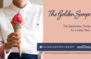 Δημιουργικό της καμπάνιας The Golden Scoops με gelato και τα λογότυπα Columbia Confectionery και Ιδρύματος Μικροί Ήρωες