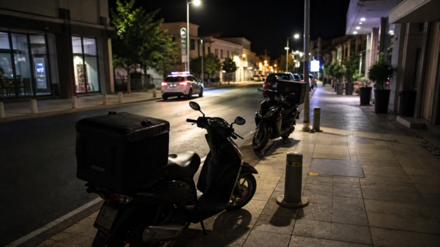 Ρεαλιστική δημοσιογραφική εικόνα 16:9 από νυχτερινό δρόμο αστικής περιοχής της Πάφου, με