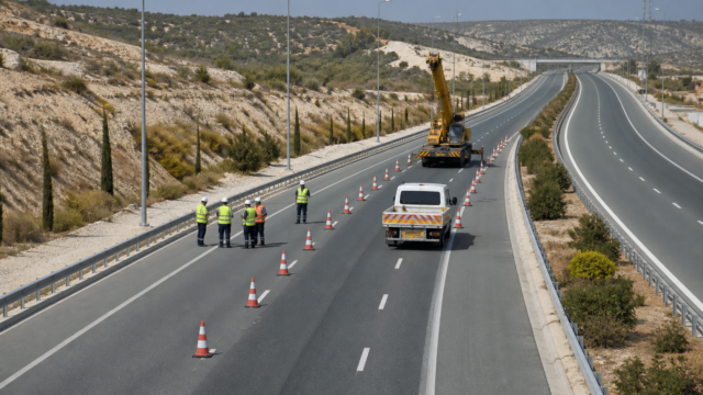 Ουδέτερη, φωτορεαλιστική editorial απεικόνιση άσκησης διαχείρισης συμβάντος σε σύγχρονο κυπριακό αυτοκινητόδρομο: αποκλεισμένη Η εικόνα αποτελεί προϊόν Τεχνητής Νοημοσύνης.
