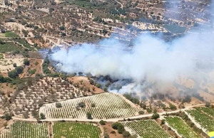 Σπινθήρες από σμιρίλιο προκάλεσαν πυρκαγιά στη Λεμεσό – Στη μάχη 76 άτομα και 5 πτητικά Αεροφωτογραφία της πυρκαγιάς σε γεωργική περιοχή του Αγίου Μάμαντος στη Λεμεσό