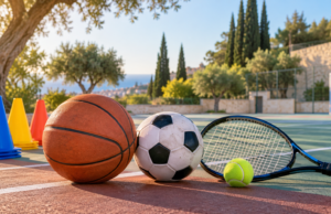 Μπάλες, ρακέτα τένις και κώνοι προπόνησης σε υπαίθριο γήπεδο.
