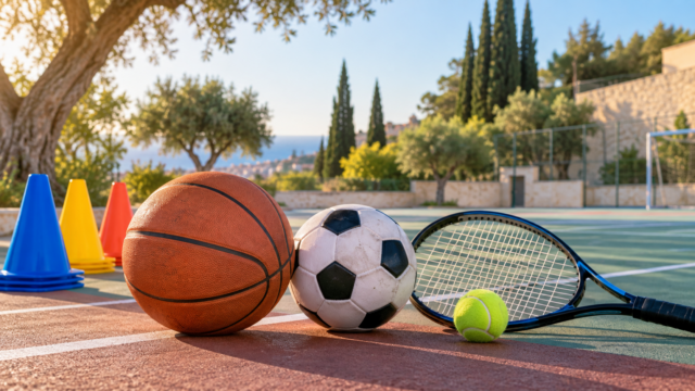 Μπάλες, ρακέτα τένις και κώνοι προπόνησης σε υπαίθριο γήπεδο.