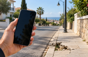 Κινητό τηλέφωνο μπροστά από δρόμο με φθαρμένο πεζοδρόμιο.