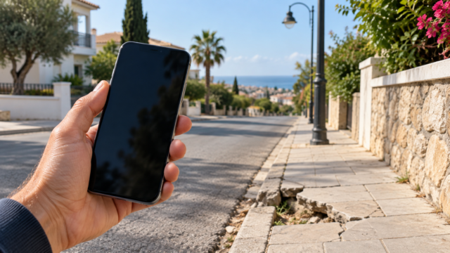 Κινητό τηλέφωνο μπροστά από δρόμο με φθαρμένο πεζοδρόμιο.
