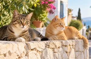 Δύο γάτες ξεκουράζονται πάνω σε χαμηλό πέτρινο τοίχο.