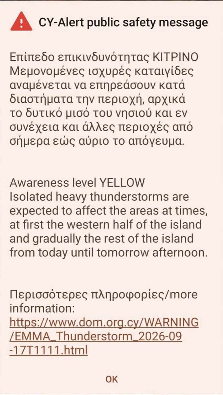 Μήνυμα CY-Alert στο κινητό για κίτρινη προειδοποίηση ισχυρών καταιγίδων