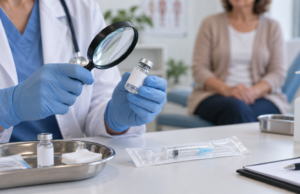 Επαγγελματίας υγείας εξετάζει φιαλίδιο σε ιατρικό χώρο