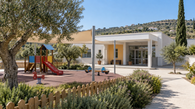 Συμβολική απεικόνιση παιδοκομικού σταθμού με υπαίθριο χώρο παιχνιδιού