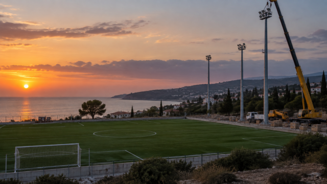 Συμβολική απεικόνιση ποδοσφαιρικού γηπέδου και φωτιστικών ιστών σε παραθαλάσσια περιοχή