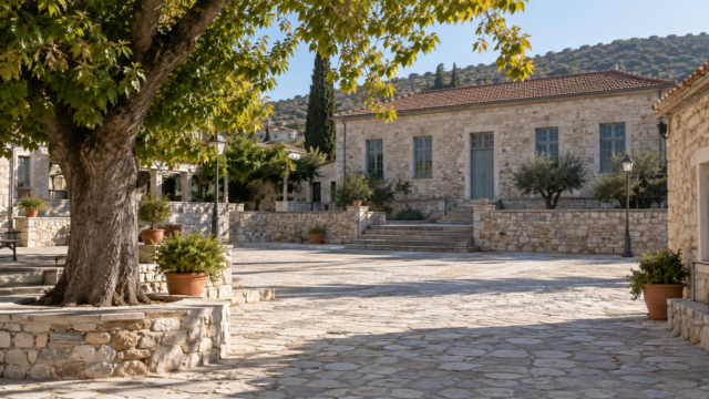 Γενική φωτορεαλιστική εικόνα πέτρινης πλατείας σε ορεινό χωριό