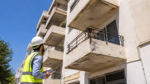 Συμβολική εικόνα μηχανικού που εξετάζει φθορές σε παλαιό κτίριο