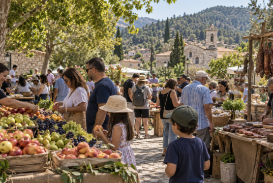 Οικογένειες σε γιορτή φρούτων και αλλαντικών σε ορεινό χωριό της Λεμεσού
