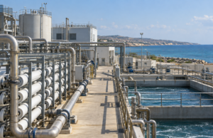 Συμβολική φωτορεαλιστική απεικόνιση εγκατάστασης αφαλάτωσης δίπλα στη θάλασσα