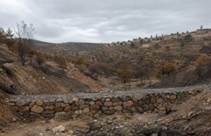 Συμβολική εικόνα λιθοπλήρωτου συρματοκιβωτίου σε πλαγιά με ίχνη παλαιότερης πυρκαγιάς