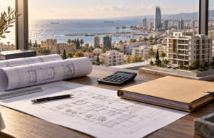 Συμβολική απεικόνιση φακέλου οικοδομικής άδειας και αρχιτεκτονικών σχεδίων