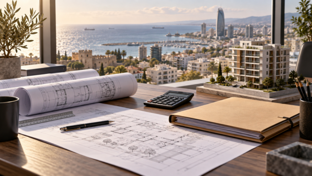 Άδειες στη Λεμεσό: 30% ή €200 για επανυποβολή συγκεκριμένων απορριφθεισών αιτήσεων Συμβολική απεικόνιση φακέλου οικοδομικής άδειας και αρχιτεκτονικών σχεδίων