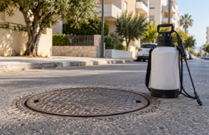 Ψεκαστήρας δίπλα σε κλειστό φρεάτιο αποχέτευσης σε αστικό δρόμο