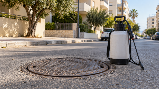 Ψεκαστήρας δίπλα σε κλειστό φρεάτιο αποχέτευσης σε αστικό δρόμο