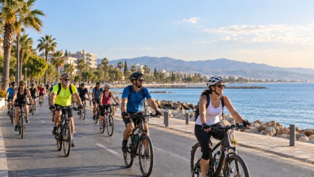 Ομάδα ποδηλατών κινείται στην παραλιακή διαδρομή της Λεμεσού