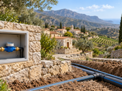 Συμβολική απεικόνιση υδρομετρητή και εργασιών δικτύου σε ορεινή κοινότητα