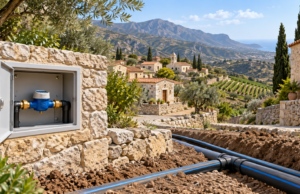 Συμβολική απεικόνιση υδρομετρητή και εργασιών δικτύου σε ορεινή κοινότητα