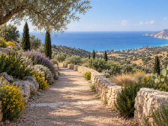 Συμβολική απεικόνιση περιηγητικής διαδρομής κοντά σε παραθαλάσσιο χωριό