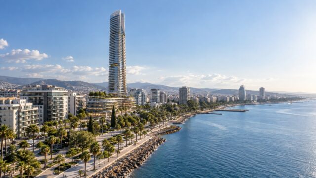 Αρχιτεκτονική απεικόνιση ψηλού πύργου στην παραλιακή ζώνη της Λεμεσού