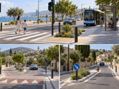 Συμβολικό τρίπτυχο διάβασης πεζών, στάσης λεωφορείου και ήπιας κυκλοφορίας