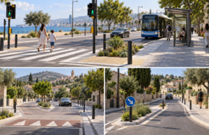 Συμβολικό τρίπτυχο διάβασης πεζών, στάσης λεωφορείου και ήπιας κυκλοφορίας