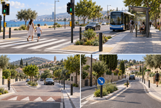Συμβολικό τρίπτυχο διάβασης πεζών, στάσης λεωφορείου και ήπιας κυκλοφορίας