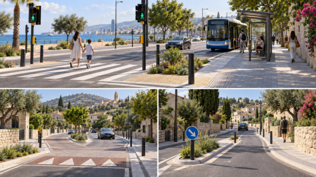 Συμβολικό τρίπτυχο διάβασης πεζών, στάσης λεωφορείου και ήπιας κυκλοφορίας
