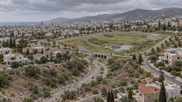 Καταιγίδες στη Λεμεσό: Πού βρίσκεται το αντιπλημμυρικό έργο της λίμνης Αγίου Αθανασίου; Εικονογράφηση σχεδιαζόμενης λεκάνης κατακράτησης ομβρίων κοντά σε αστική περιοχή