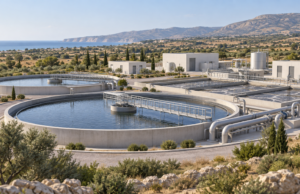 Νέο εργοστάσιο λυμάτων για το Κούριο: €2 εκατ. για γη και το μεγάλο σχέδιο του ΕΟΑ Λεμεσού Εικονογράφηση μονάδας επεξεργασίας λυμάτων σε μεσογειακό τοπίο