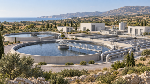 Νέο εργοστάσιο λυμάτων για το Κούριο: €2 εκατ. για γη και το μεγάλο σχέδιο του ΕΟΑ Λεμεσού Εικονογράφηση μονάδας επεξεργασίας λυμάτων σε μεσογειακό τοπίο