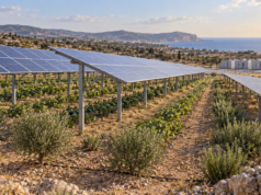 Εικονογράφηση αγροφωτοβολταϊκού πάρκου με συστοιχία αποθήκευσης ενέργειας
