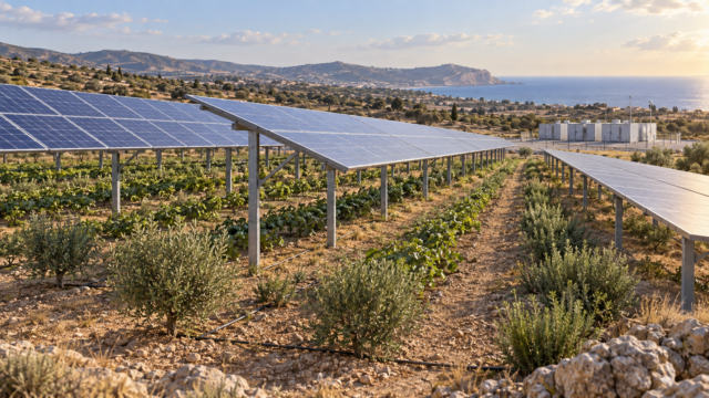 Στα Τσερκέζικα σχεδιάζεται αγροφωτοβολταϊκό 10 MW με μπαταρία 50 MWh: Τι προβλέπεται στη Λεμεσό Εικονογράφηση αγροφωτοβολταϊκού πάρκου με συστοιχία αποθήκευσης ενέργειας