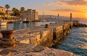 Εικονογράφηση παλαιάς πέτρινης αποβάθρας σε μεσογειακό λιμάνι
