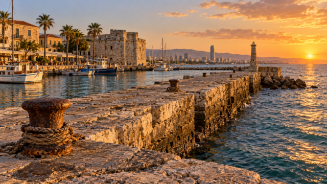 Εικονογράφηση παλαιάς πέτρινης αποβάθρας σε μεσογειακό λιμάνι
