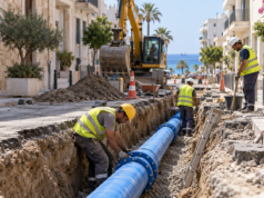 Εικονογράφηση εργασιών αντικατάστασης αγωγού ύδρευσης σε αστικό δρόμο