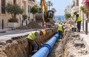 Εικονογράφηση εργασιών αντικατάστασης αγωγού ύδρευσης σε αστικό δρόμο