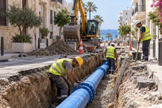 Εικονογράφηση εργασιών αντικατάστασης αγωγού ύδρευσης σε αστικό δρόμο