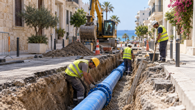 Εικονογράφηση εργασιών αντικατάστασης αγωγού ύδρευσης σε αστικό δρόμο