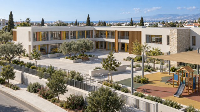 ΣΤ’ Δημοτικό Λεμεσού: Σχέδιο €5,37 εκατ. για νέο σχολείο και νηπιαγωγείο Συμβολική αρχιτεκτονική απεικόνιση σχολικού συγκροτήματος και αυλής