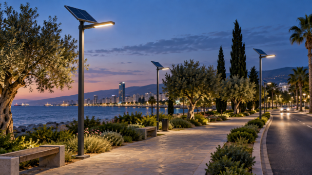 Συμβολική απεικόνιση αυτόνομων ηλιακών φωτιστικών σε πάρκο
